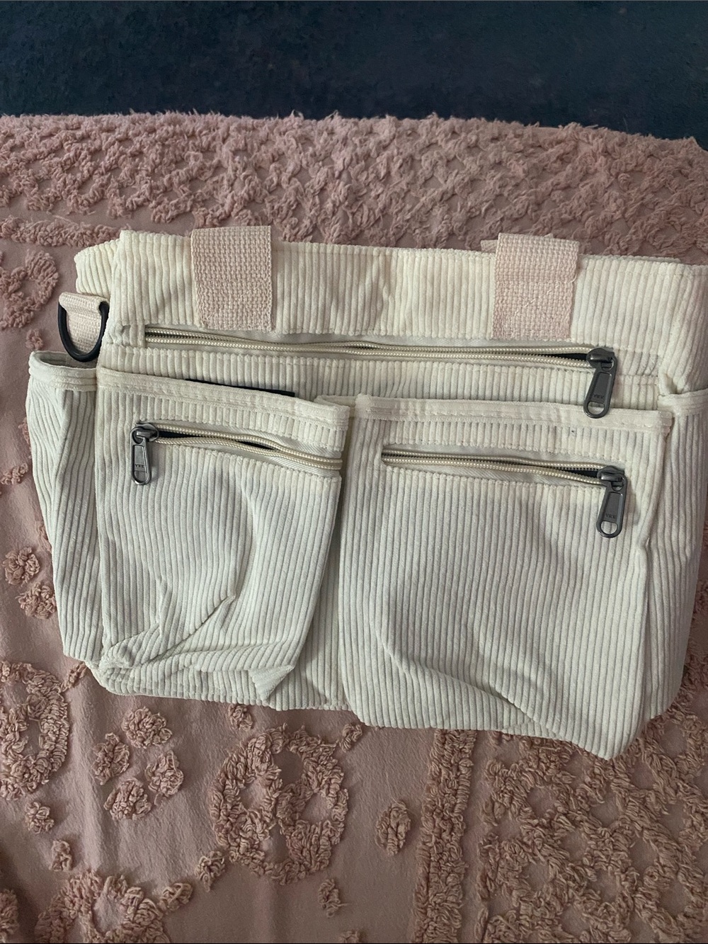 Neutral Cream Corduroy Tote with Multiple Zip Pockets